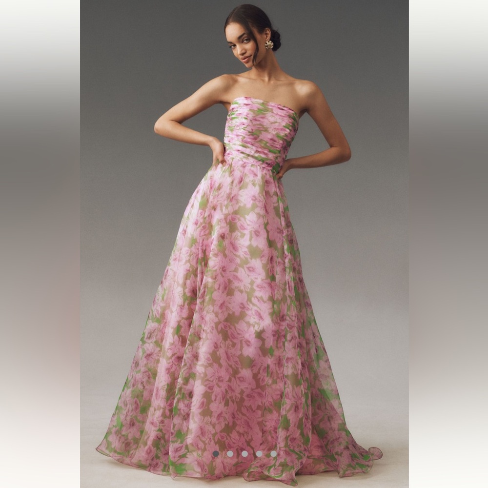 Mac Duggal Strapless Chiffon Pink and Green Floral Maxi Dress
